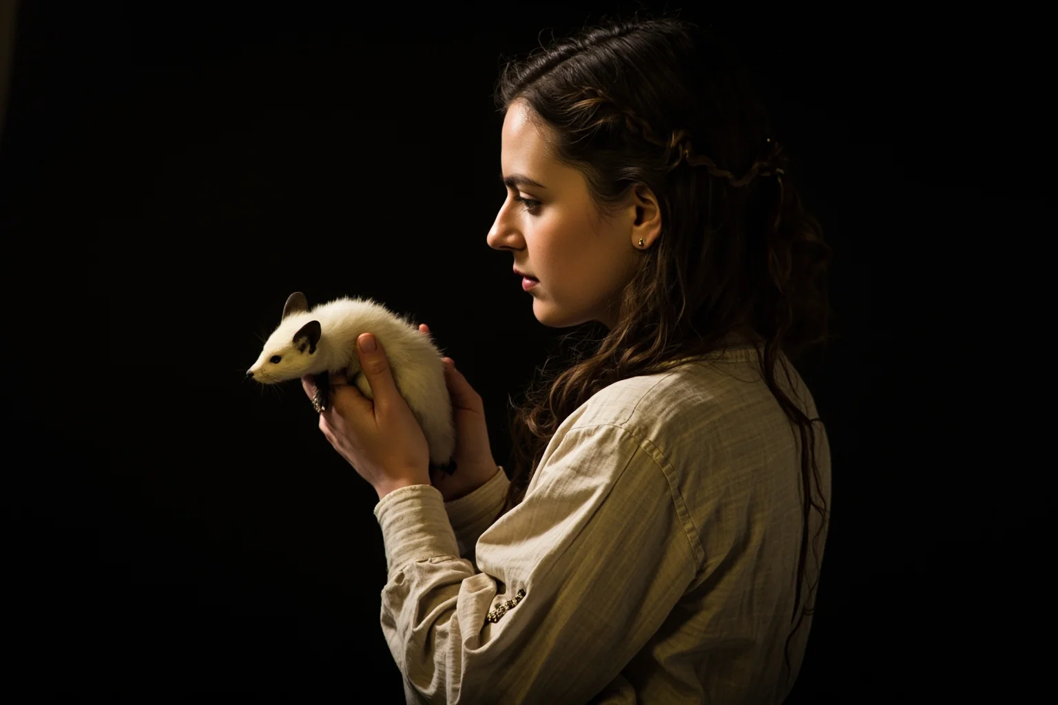 A Renaissance portrait of a young woman in profile holding a small white weasel-like animal against a dark background