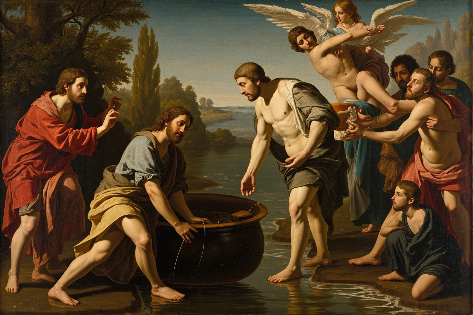 A Renaissance riverside scene of a robed figure being baptized by another figure with angels looking on, early oil painting style