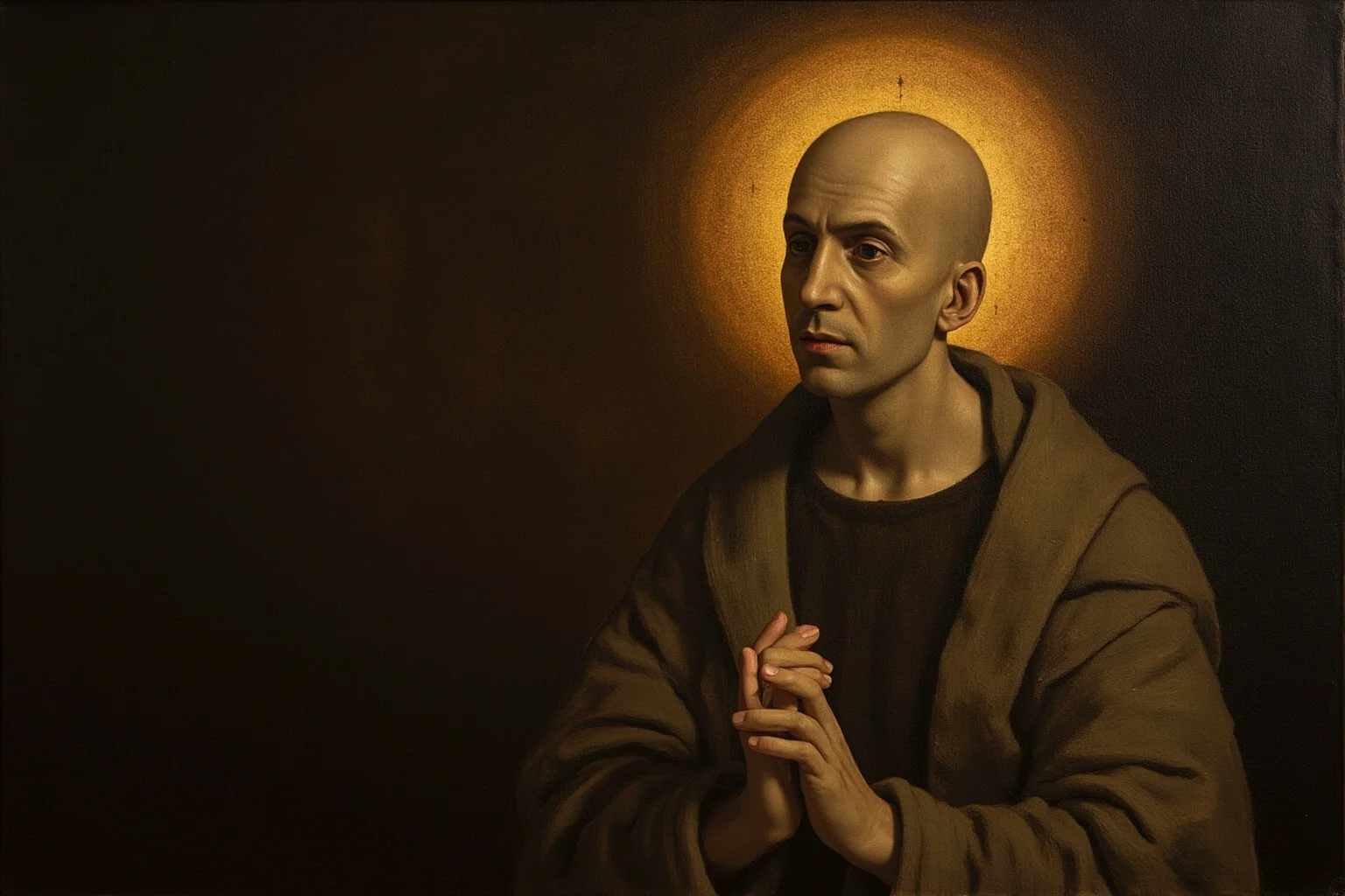A Renaissance-style portrait of a serene robed figure with a halo-like glow, muted earthy tones, oil painting style