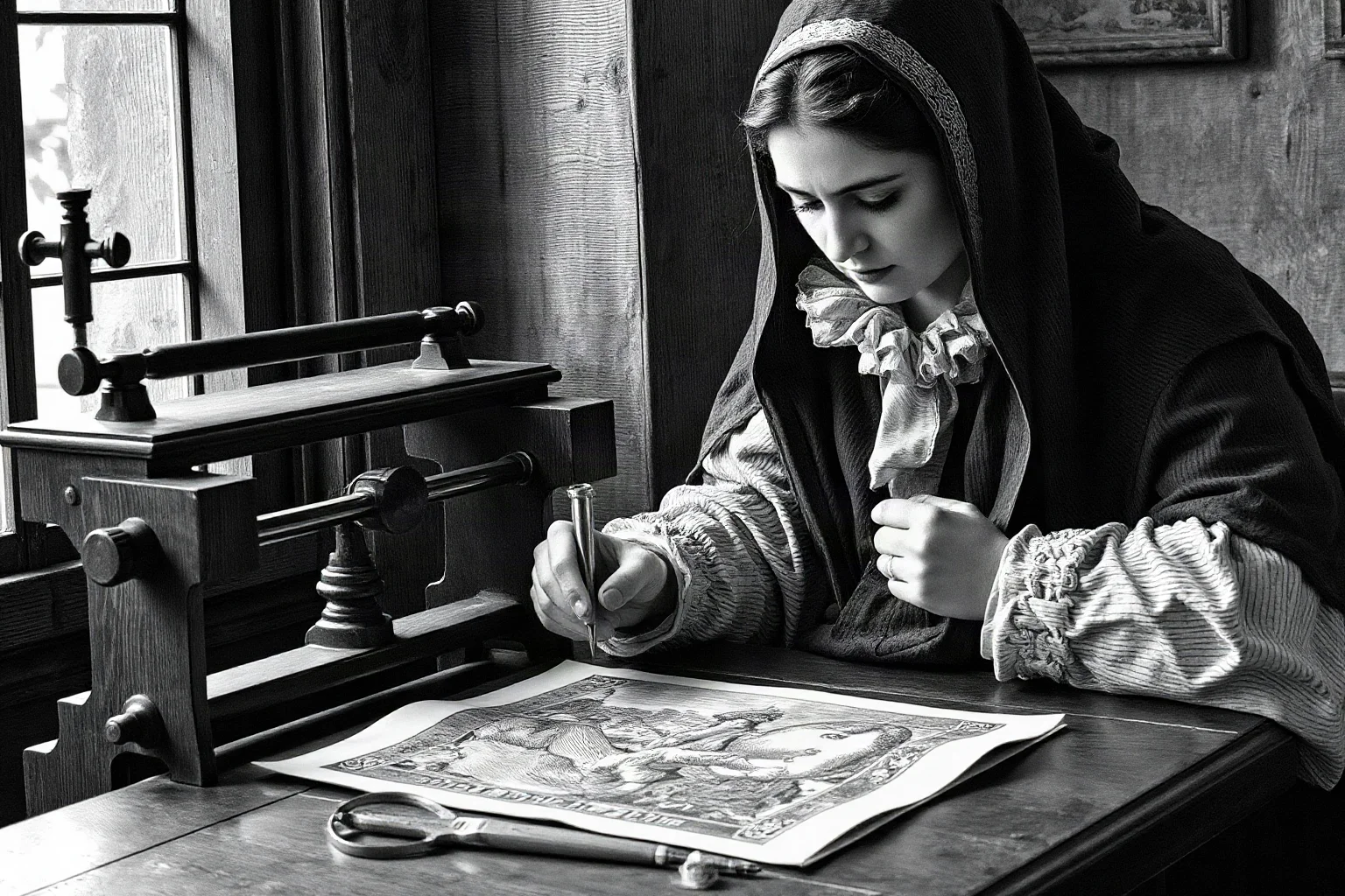 A Renaissance woman engraver at a printing press or engraving table, working with technical tools on a copper plate, signing her name on finished prints