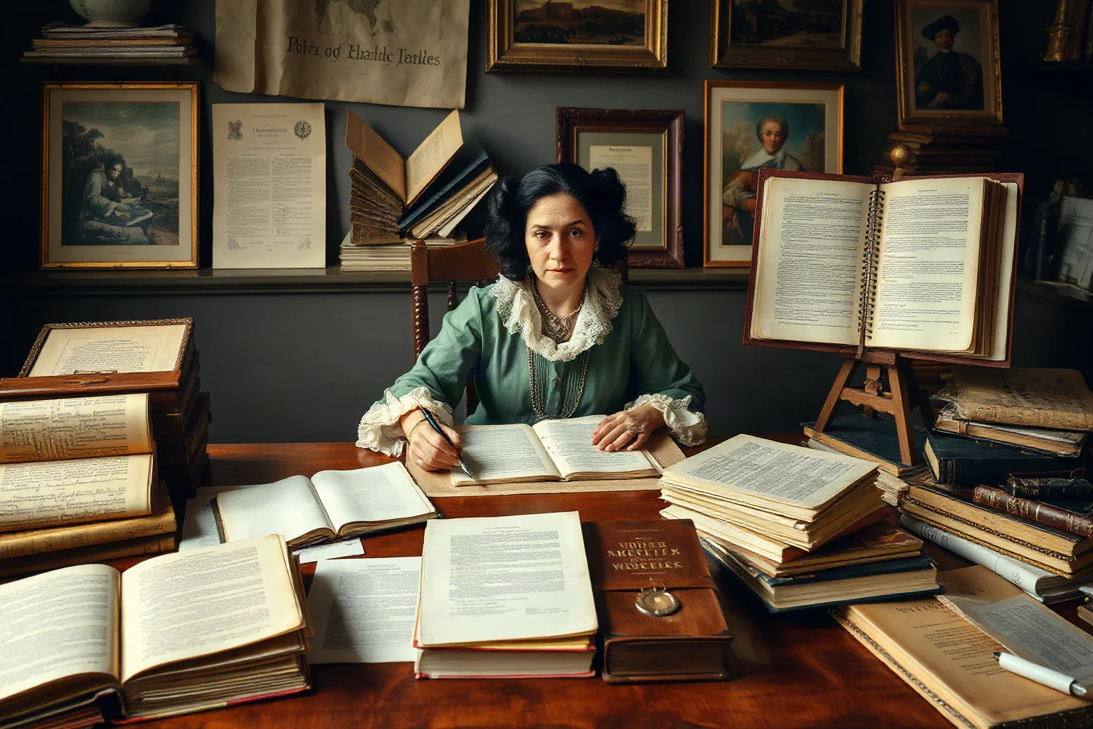 A Renaissance woman writer at her desk with published works and correspondence spread before her, demonstrating her intellectual contributions