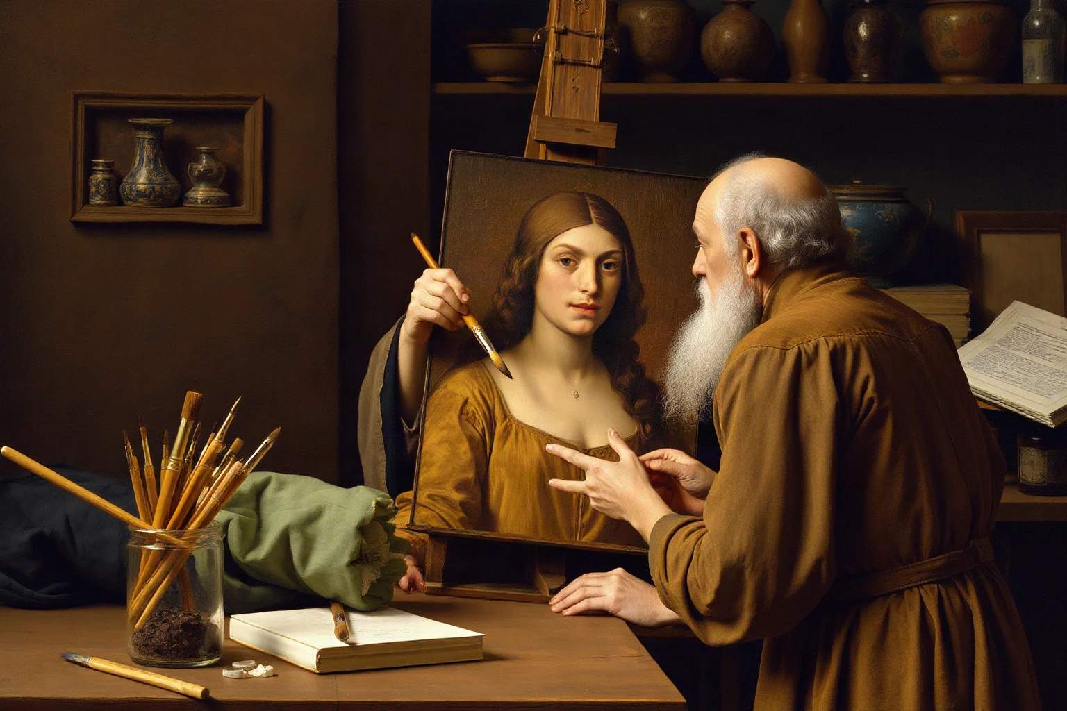 A Renaissance workshop scene with a painter working on a wooden panel portrait, brushes and pigments visible, representing Leonardo da Vinci's artistic process