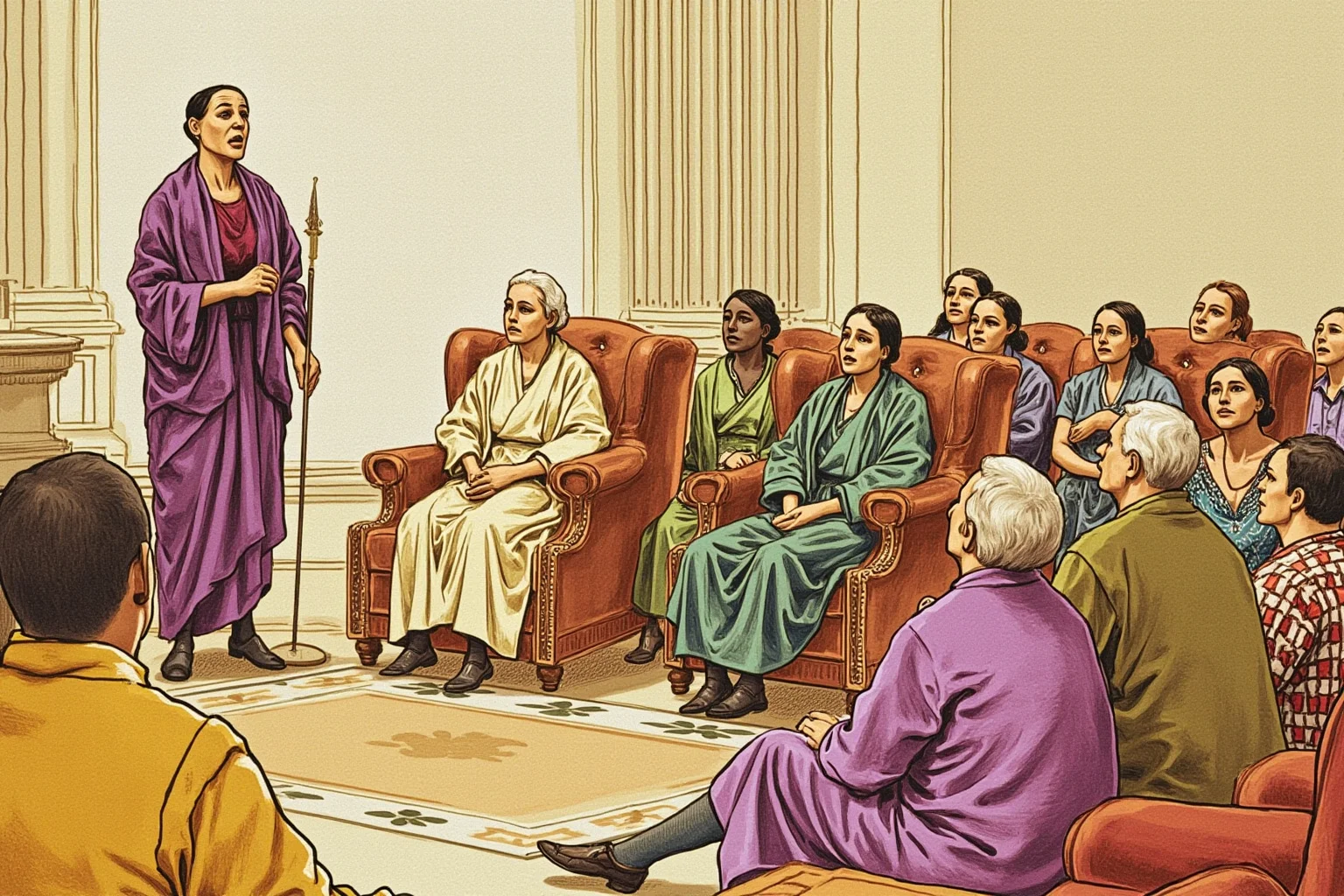A respectful illustrated council scene featuring a woman elder speaking among seated listeners, symbolizing women's authority