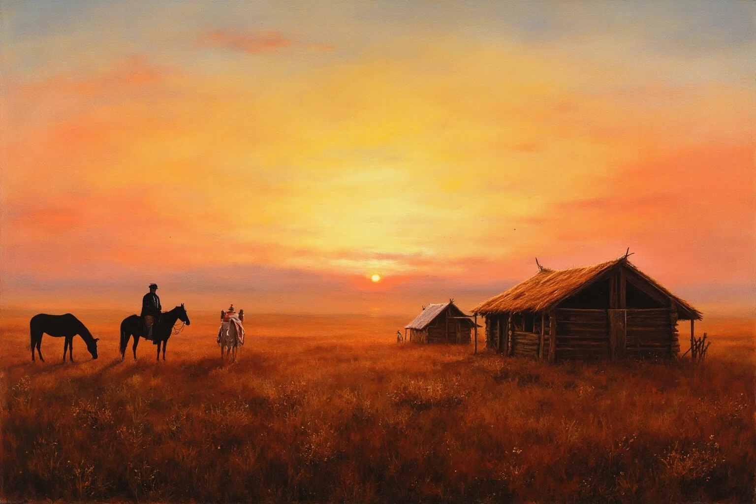 A respectful painterly landscape showing Native American dwellings and horses on open plains at sunset