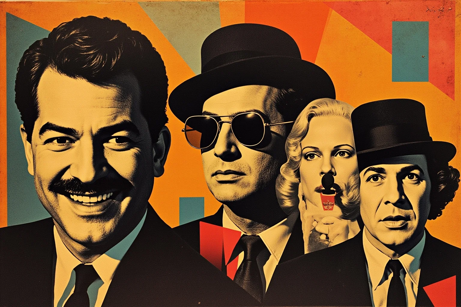 Historical Figures That Were Shockingly Born In The Same Year 4 A retro 1930s-themed collage of abstract silhouettes representing film, politics, and comedy icons, warm nostalgic color grading, no identifiable faces