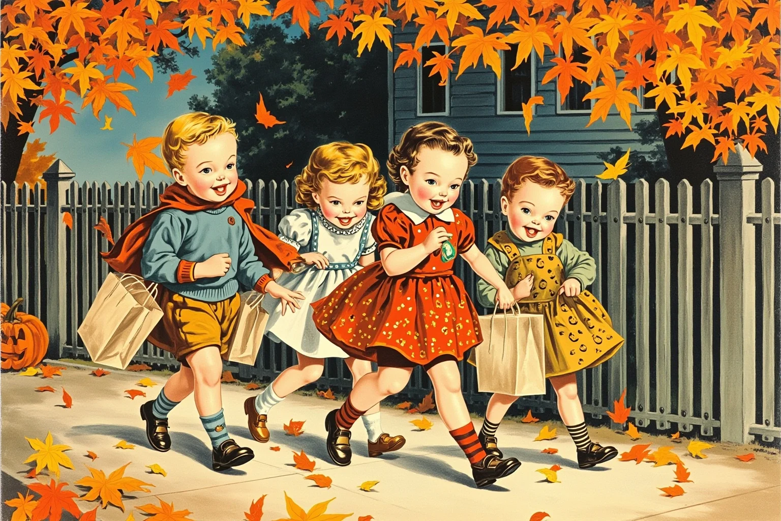 The Strange History Of The Poison Apple 21 A retro 1950s Halloween illustration of children trick-or-treating with paper bags under autumn leaves