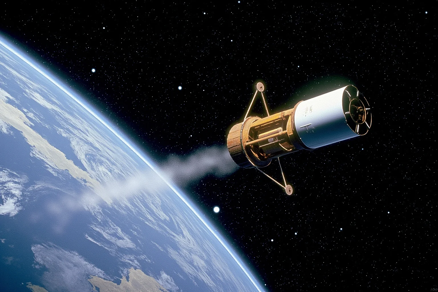 A retro 1960s satellite with film canister ejecting above Earth's curvature, stars in background