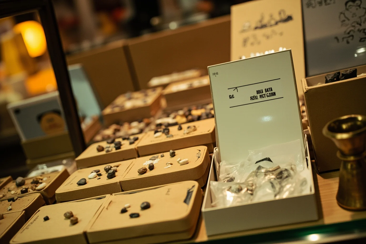 A retro 1970s gift shop counter display featuring small boxed novelty stones next to a whimsical instruction booklet, warm nostalgic lighting