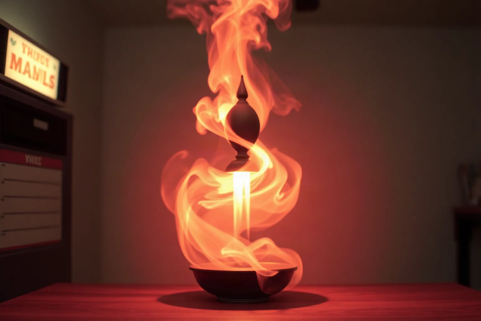 A retro 1990s VHS tape cover mockup with a genie silhouette rising from a lamp in swirling smoke, blank title space, nostalgic video store aesthetic