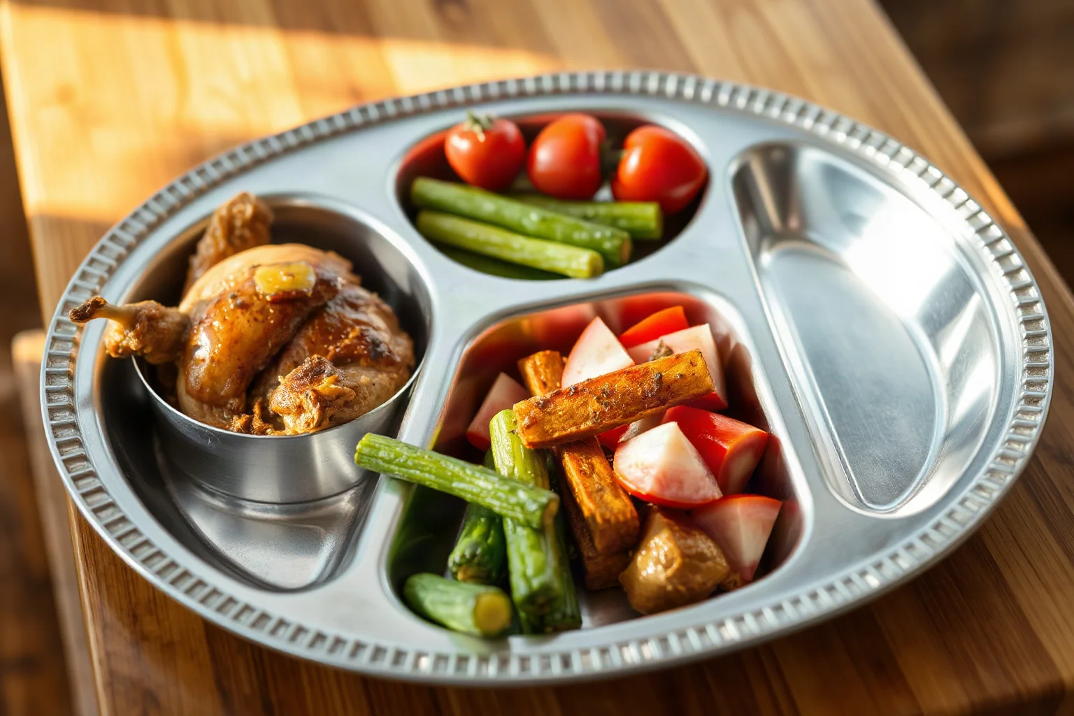 A retro aluminum TV dinner tray with compartments of turkey and vegetables