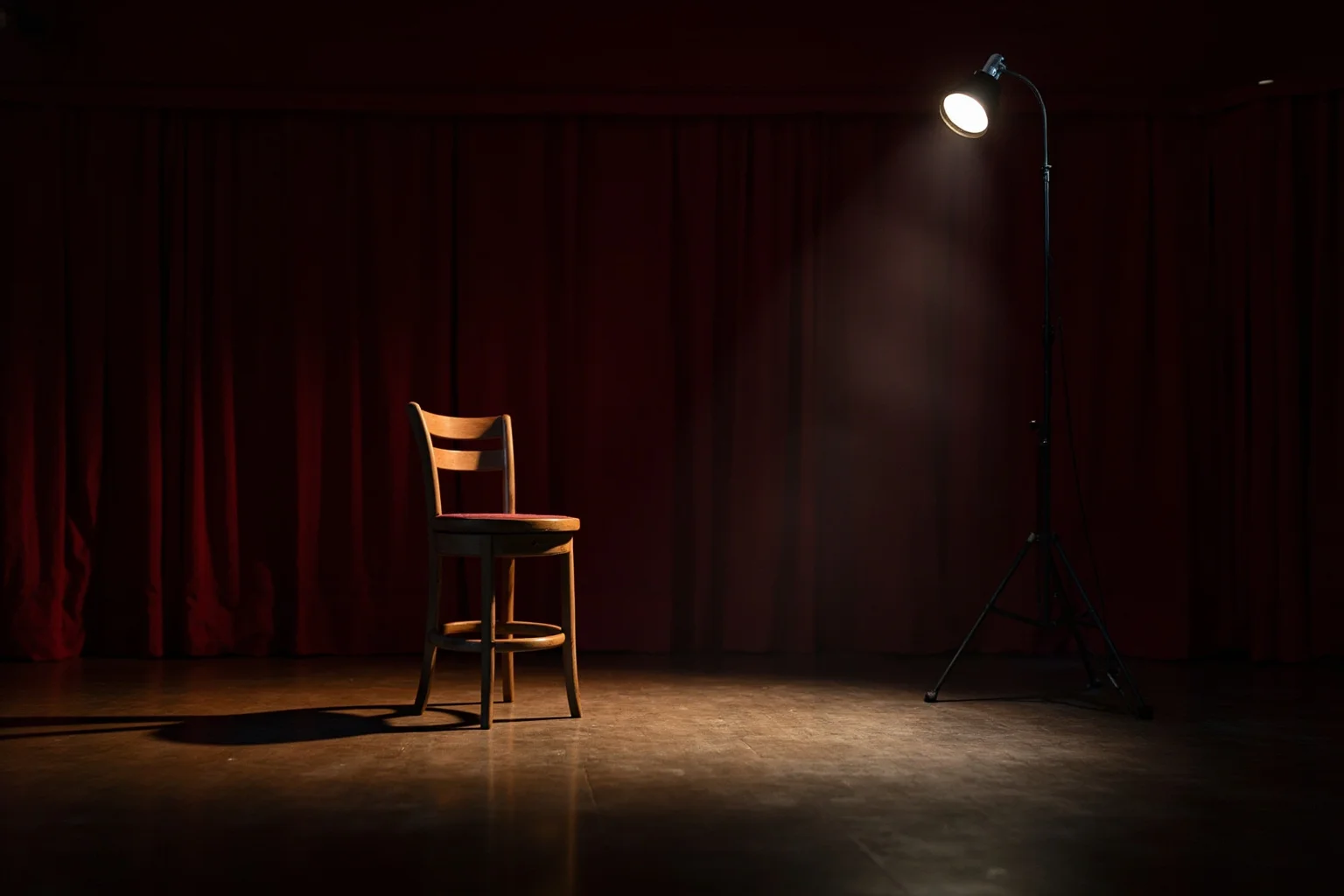 22 Hollywood Stars Whose Lives Ended in Tragedy 9 A retro comedy club stage with a single spotlight on an empty stool, evoking loss of a beloved entertainer
