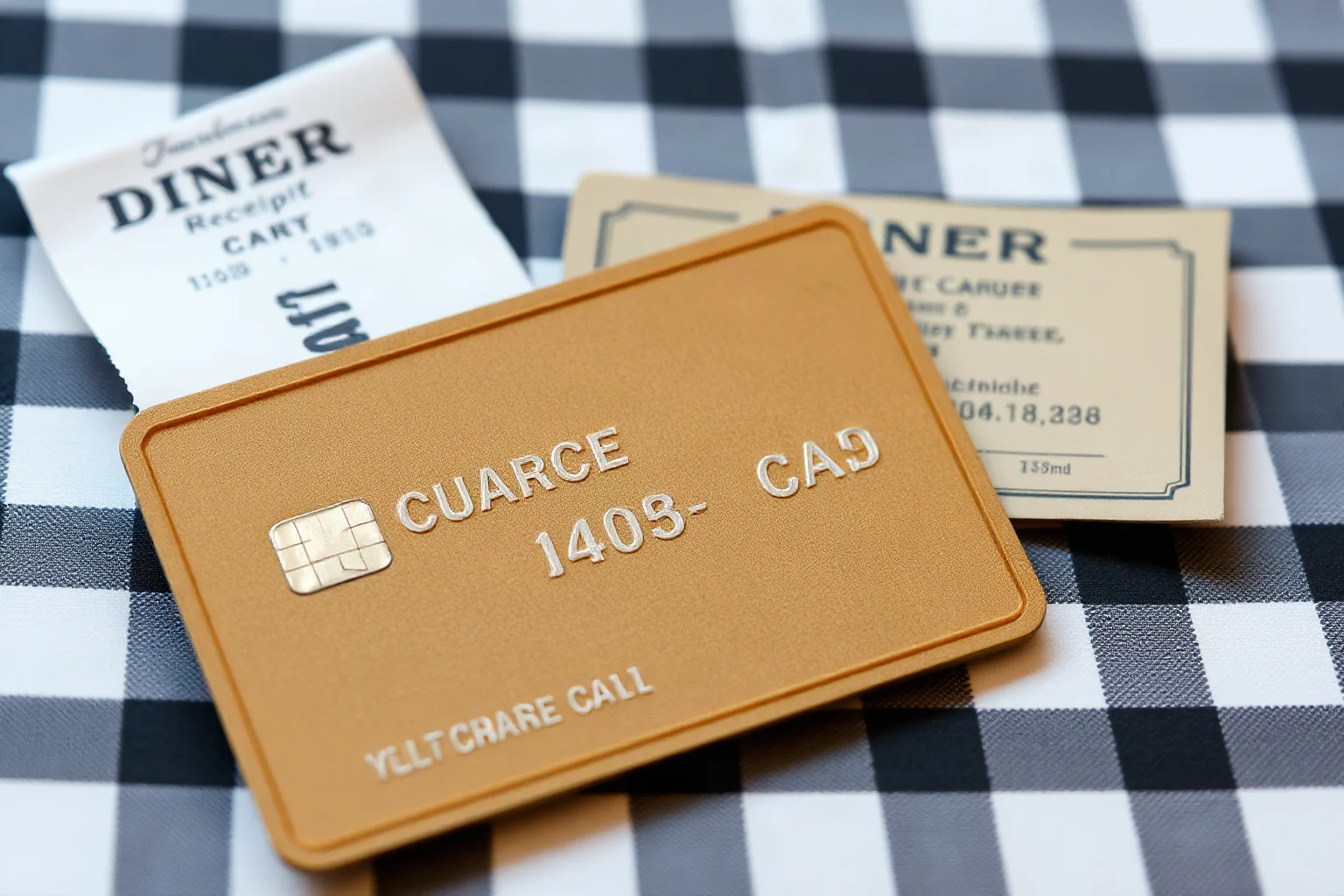 A retro embossed charge card and a diner receipt on a checkered tablecloth