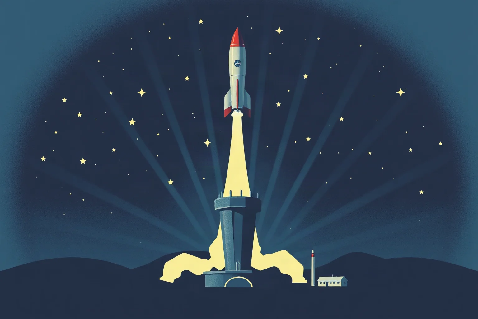 A retro-futuristic illustration of a rocket launching into a starry night sky above a control tower, symbolic of a space-race era achievement.