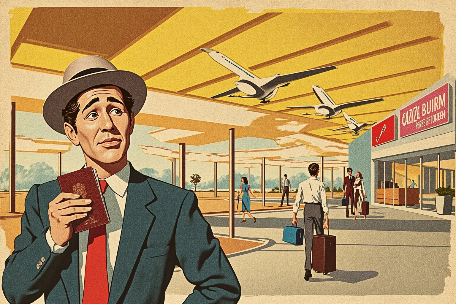 20 of the Most Mysterious People in History 16 A retro-futuristic illustration of an airport terminal with a puzzled traveler holding an unfamiliar passport, 1960s style