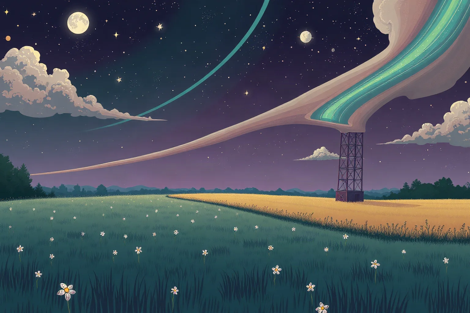 A retro-futuristic starry night sky over a rural English field, whimsical speculative illustration style