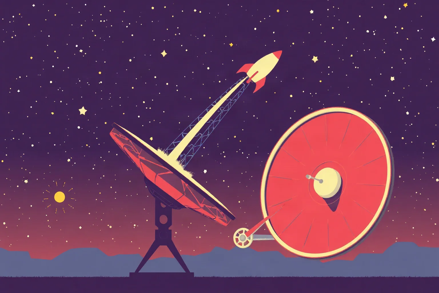 A retro illustration of a large radar dish tracking a rocket trajectory across a starry sky