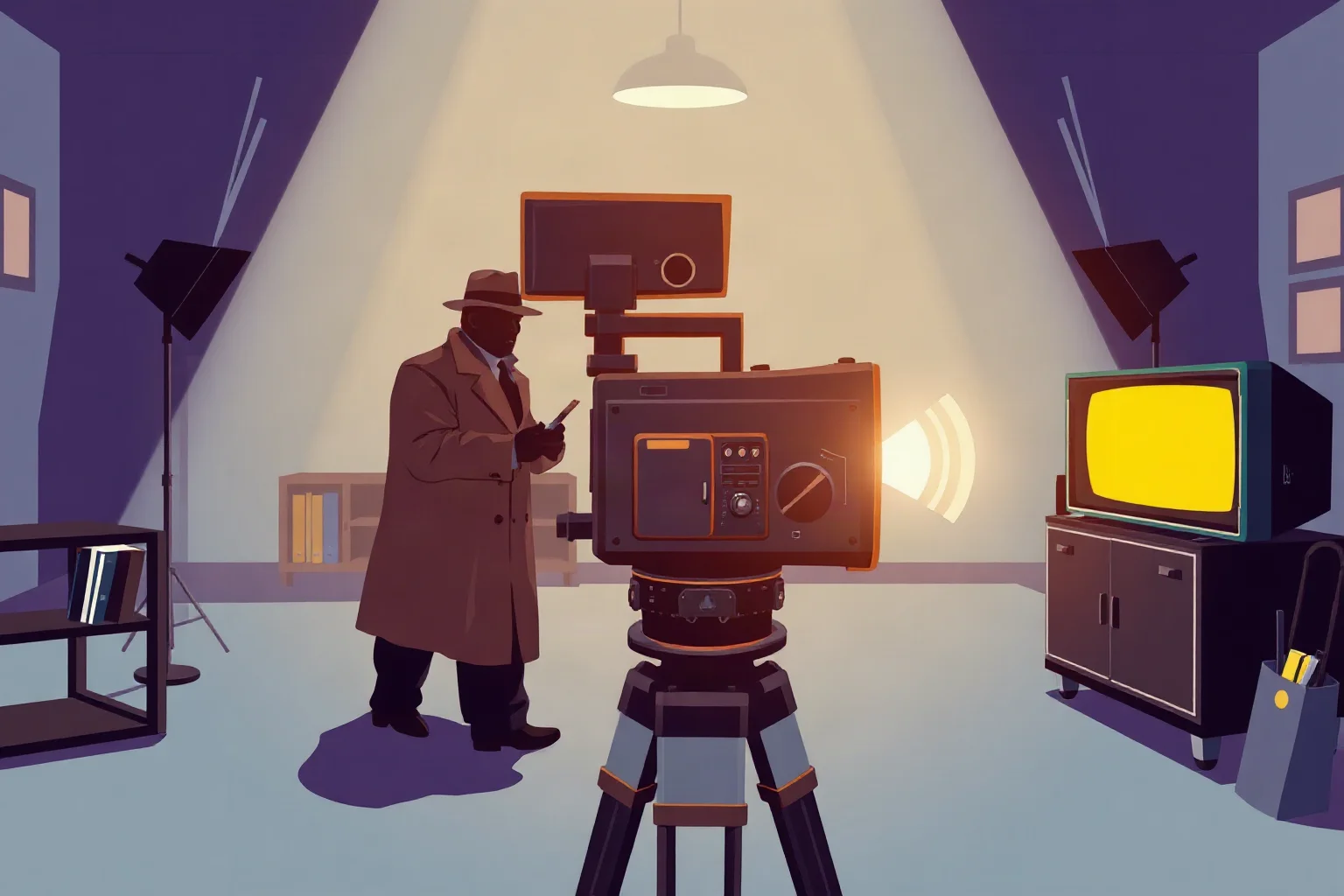A retro illustration of a vintage television camera filming a 1970s detective drama set