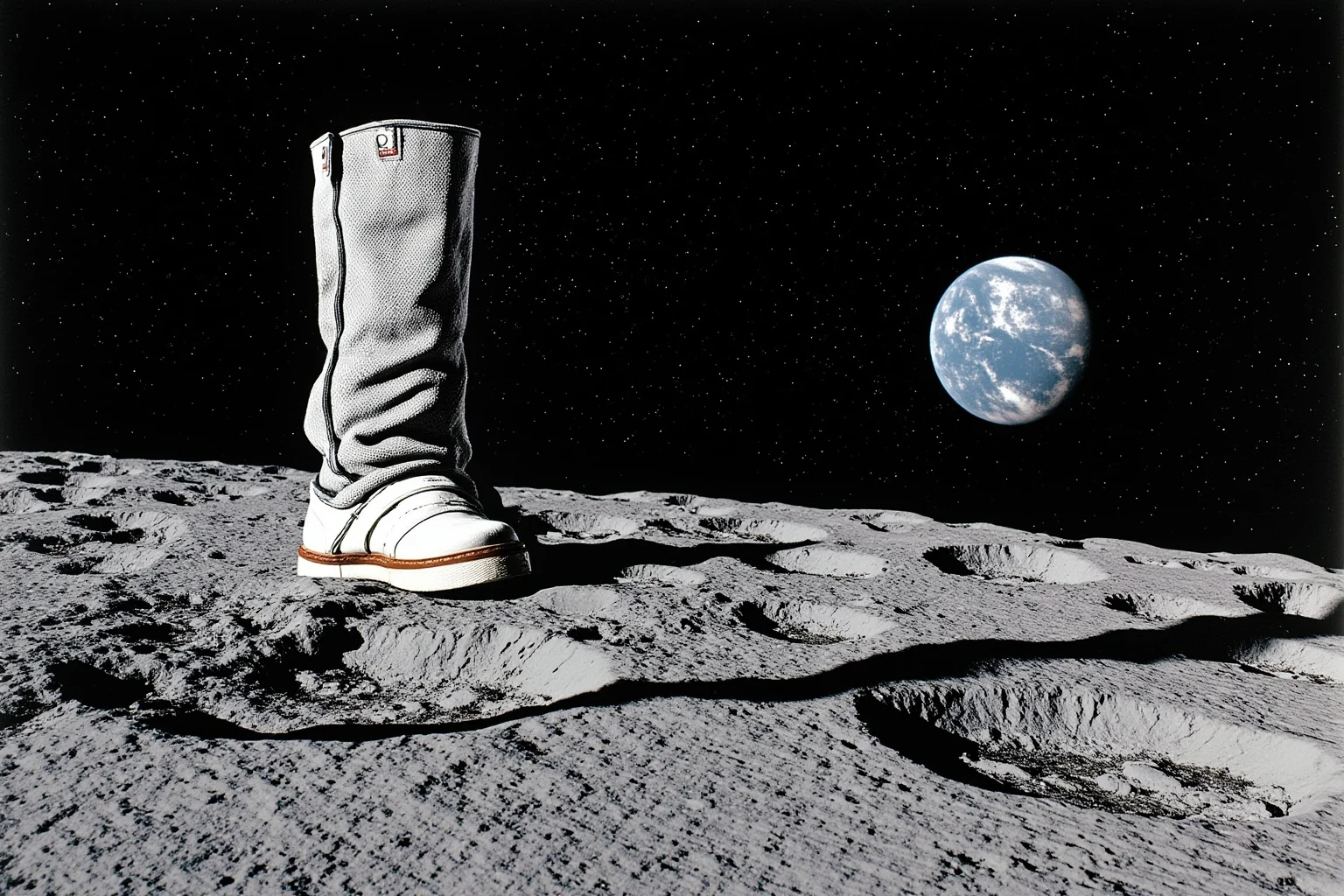 20 Famous Historical Quotes That Were Taken Out of Context 15 A retro illustration of an astronaut's boot stepping onto a cratered gray lunar surface with Earth in the black sky