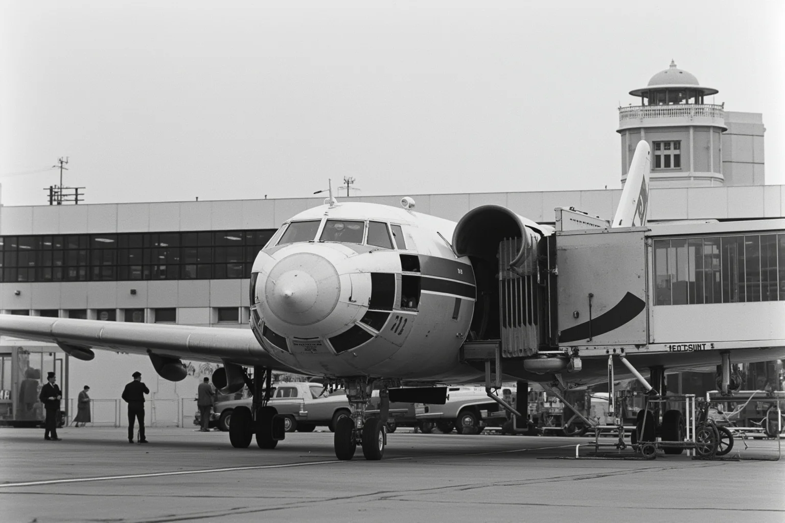 A retro mid-century airliner parked at a terminal gate with classic airport architecture