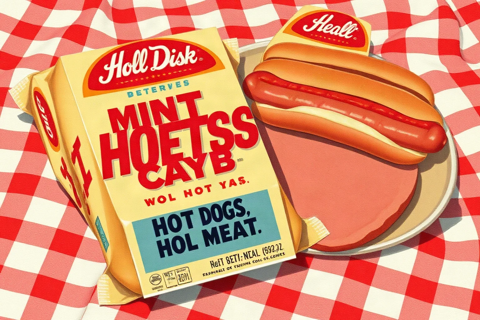 A retro package of hot dogs and deli meat on a checkered picnic tablecloth, mid-century advertising illustration style