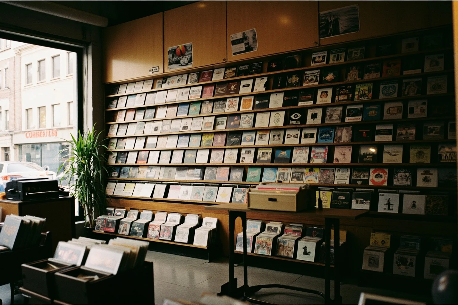 A retro record store interior filled with vinyl and CD racks, 1980s aesthetic