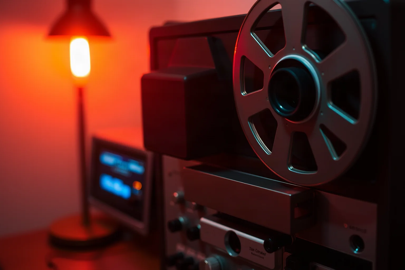 A retro reel-to-reel tape recorder capturing a radio broadcast, red recording light on, dim room