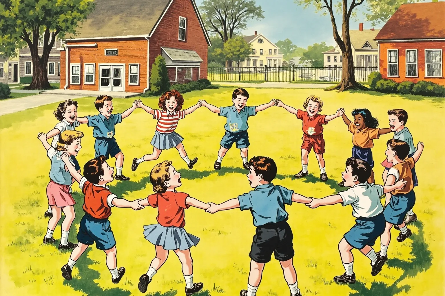 A retro-style illustrated schoolyard scene with kids laughing in a circle, evoking mid-20th-century America