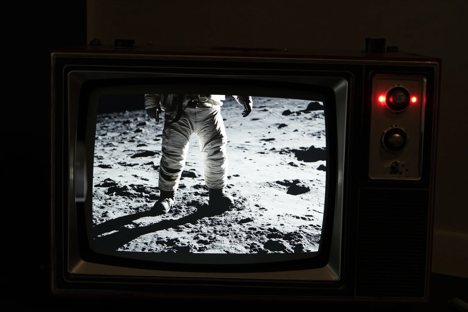 Most Important Historical Events Televised Live 4 A retro television set displaying a grainy black-and-white image of an astronaut's boot stepping onto a cratered lunar surface