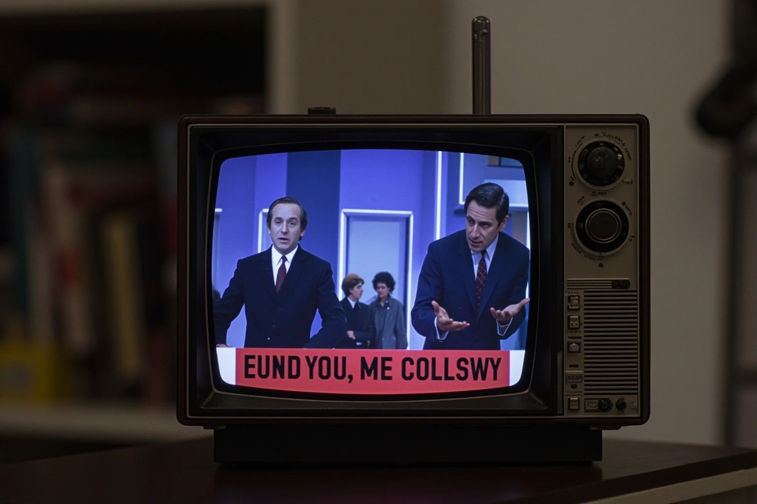 David Horowitz and Gary Stollman: How a Hostage Situation Unfolded on Live TV 2 A retro television set displaying a tense live news broadcast scene, styled like early 1980s local news footage