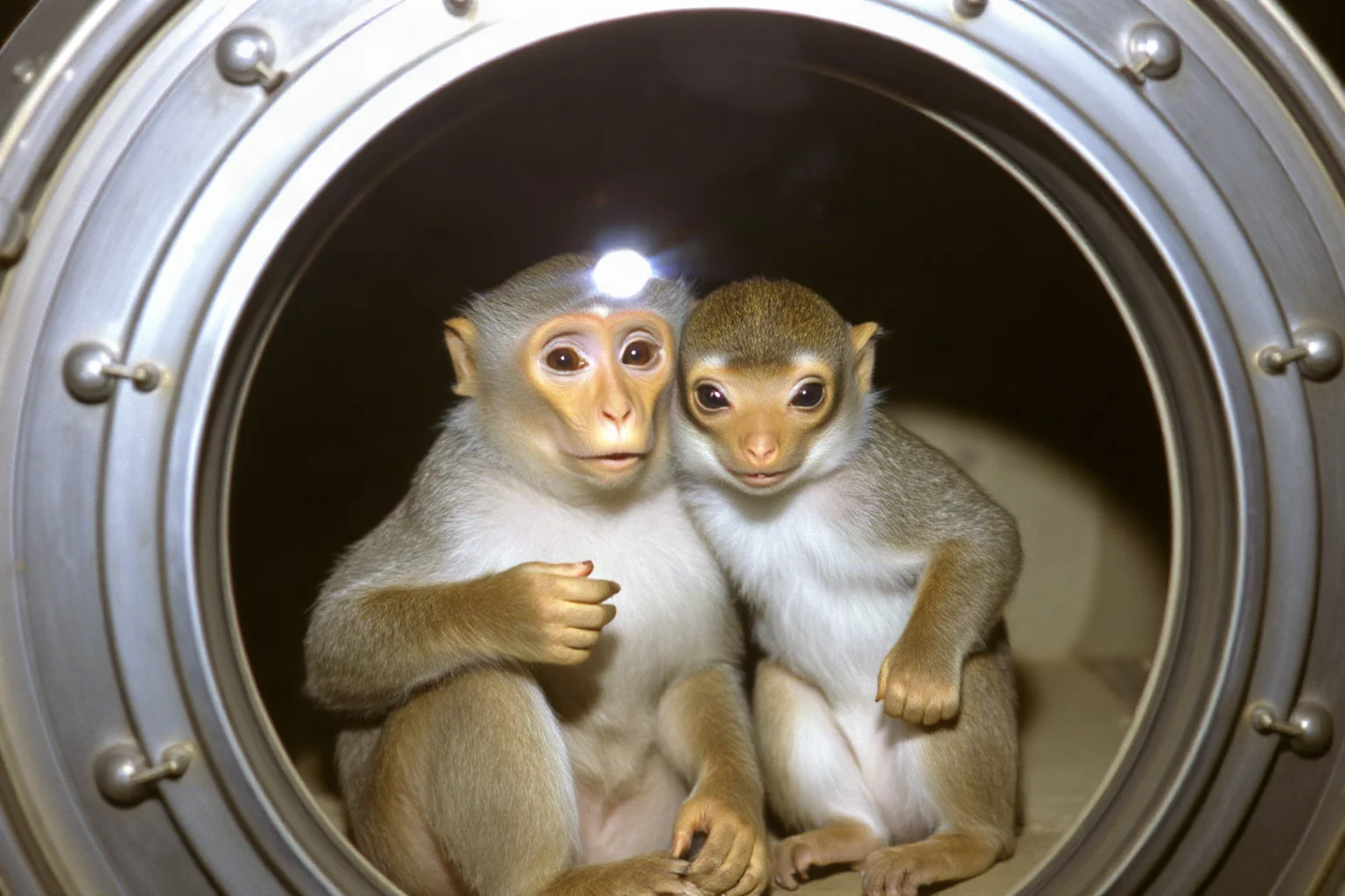 A rhesus monkey and squirrel monkey in a Mercury rocket capsule, 1959