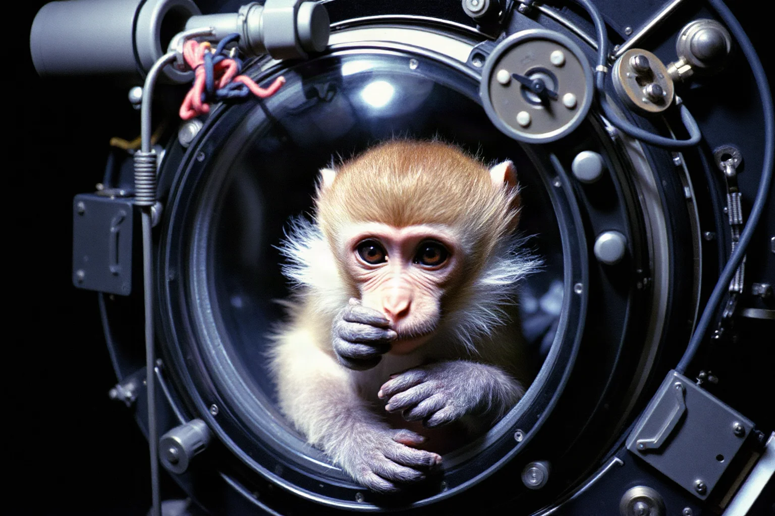 A rhesus monkey in a Bion satellite capsule during the later Soviet-Russian program