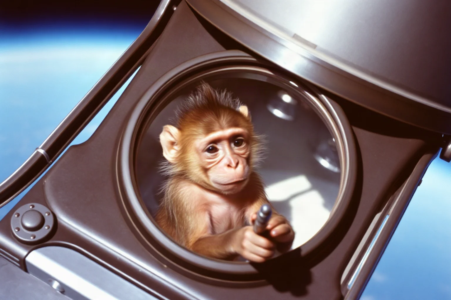 A rhesus monkey in a space capsule during a V-2 rocket launch, 1949