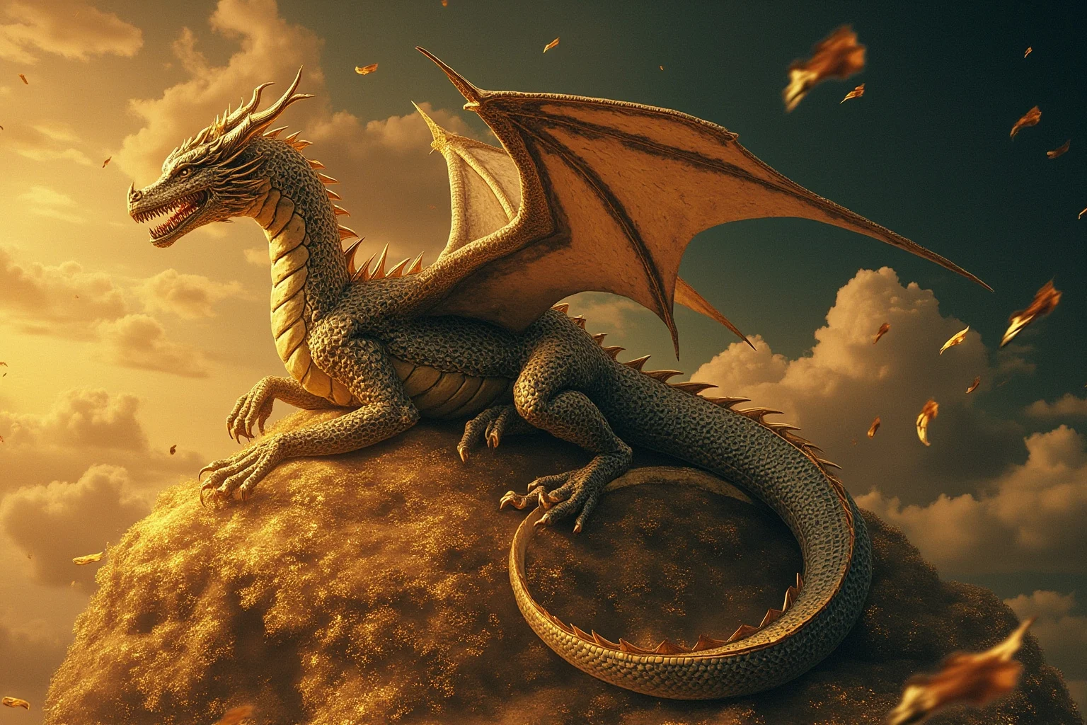 Famous Dragons Throughout History: Myths, Legends, and the Real Stories Behind Them 20 A richly detailed fantasy illustration of a cunning dragon resting atop a glittering mountain of gold