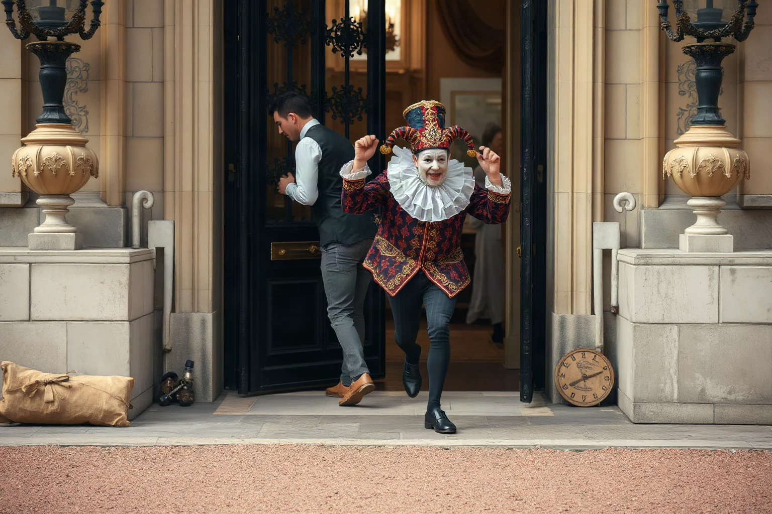 A richly dressed Stuart-era court jester being escorted out of a grand palace gate in disgrace