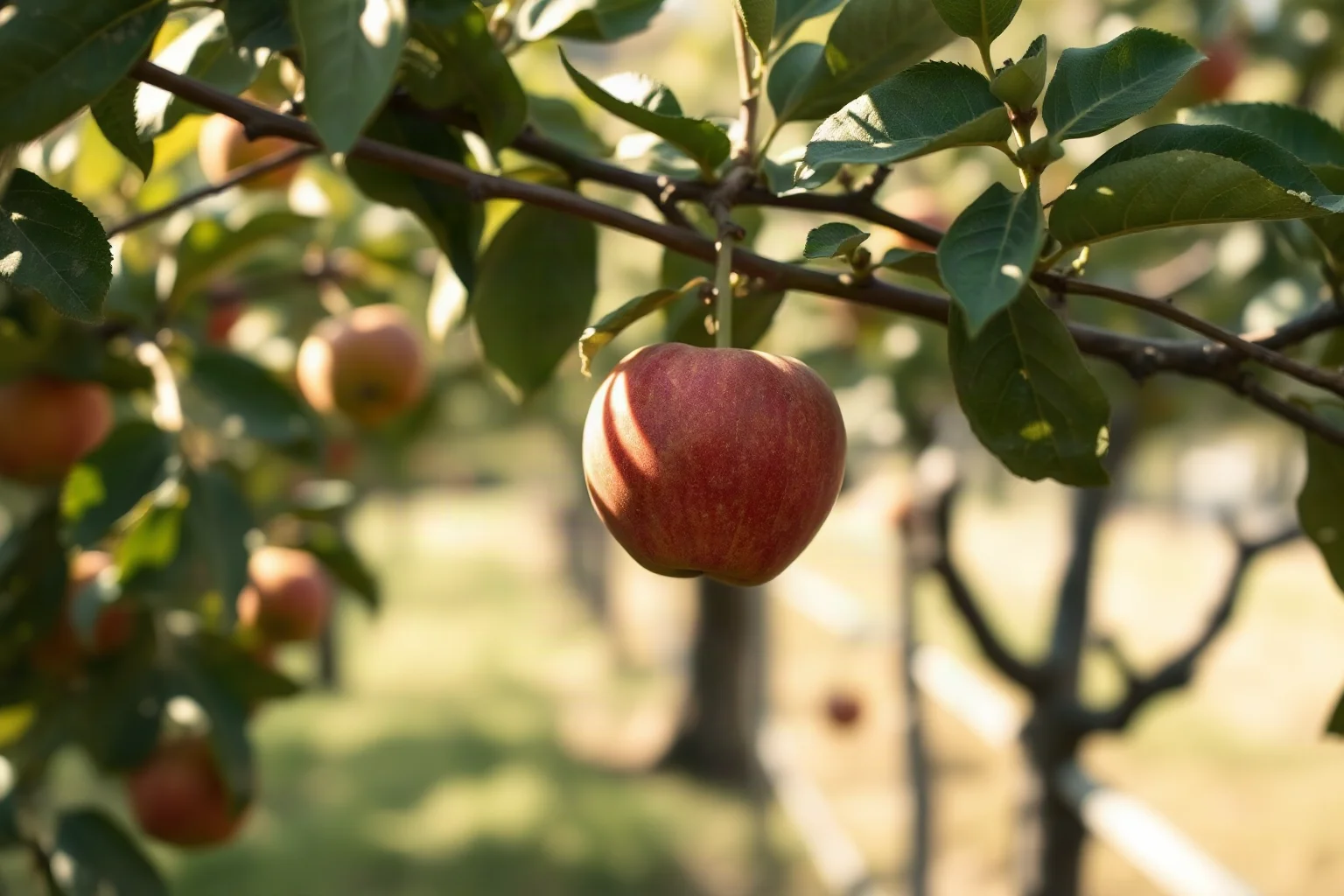 A ripe apple hanging from a tree branch in an old English orchard, soft daylight, realistic illustration, no people