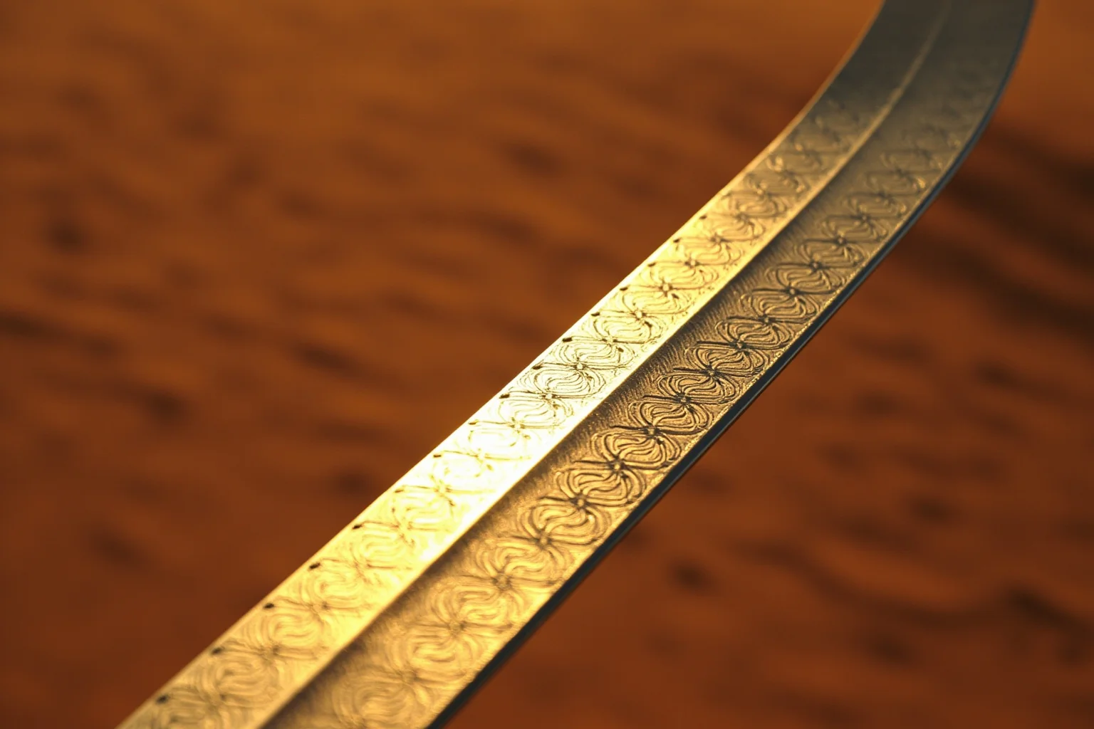 A rippling patterned steel curved scimitar gleaming under warm desert sunlight