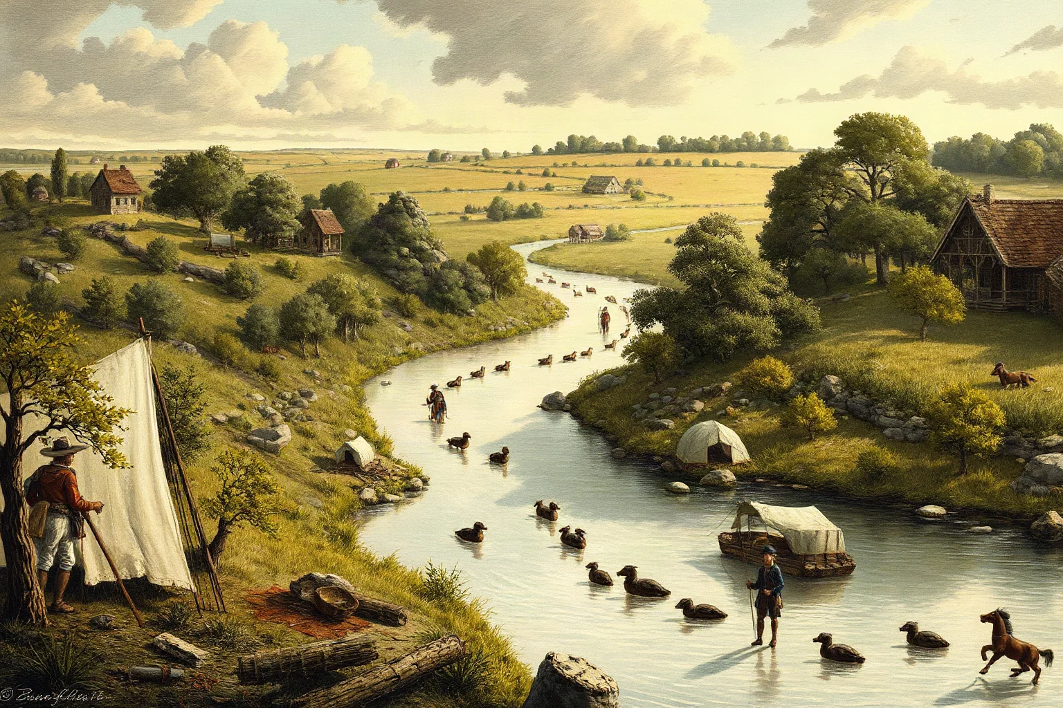 A river valley in Illinois with an encampment scene from the 1830s, historical illustration style