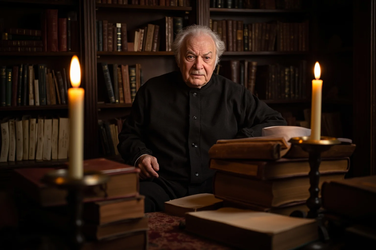 Philosophers Everyone's Heard Of, and 20 Everyone Forgot About 19 A robed 17th-century English scholar surrounded by books in a wood-paneled Cambridge study, candle burning low