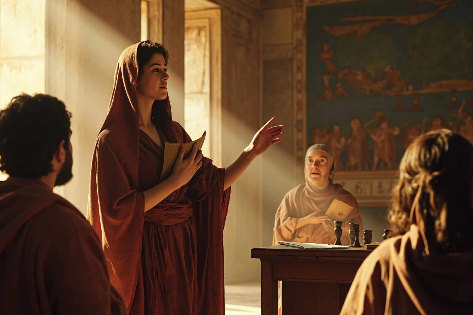 Most Interesting People in History: 22 Figures Who Shaped the World 4 A robed female scholar teaching mathematics to students in a sunlit ancient Alexandrian lecture hall, classical illustration style