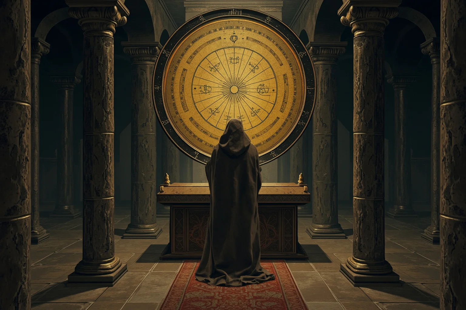 The Mad Baron Who Conquered Mongolia: The Bloody Life of Roman von Ungern-Sternberg 15 A robed figure standing before an astrological chart and ritual altar in a dim temple room, illustration