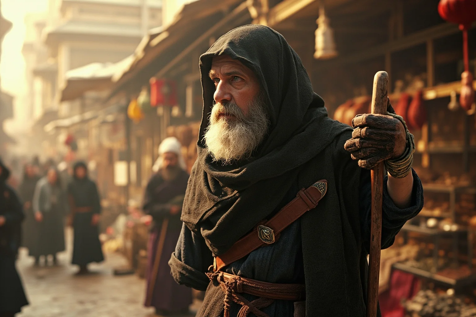 Most Interesting People in History: 22 Figures Who Shaped the World 16 A robed medieval traveler with a walking staff standing before a bustling foreign marketplace, illustrative historical style
