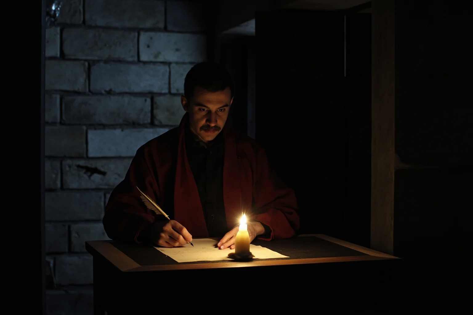 Philosophers Everyone's Heard Of, and 20 Everyone Forgot About 5 A robed philosopher writing at a small desk inside a dim stone prison cell, quill and parchment illuminated by a single candle