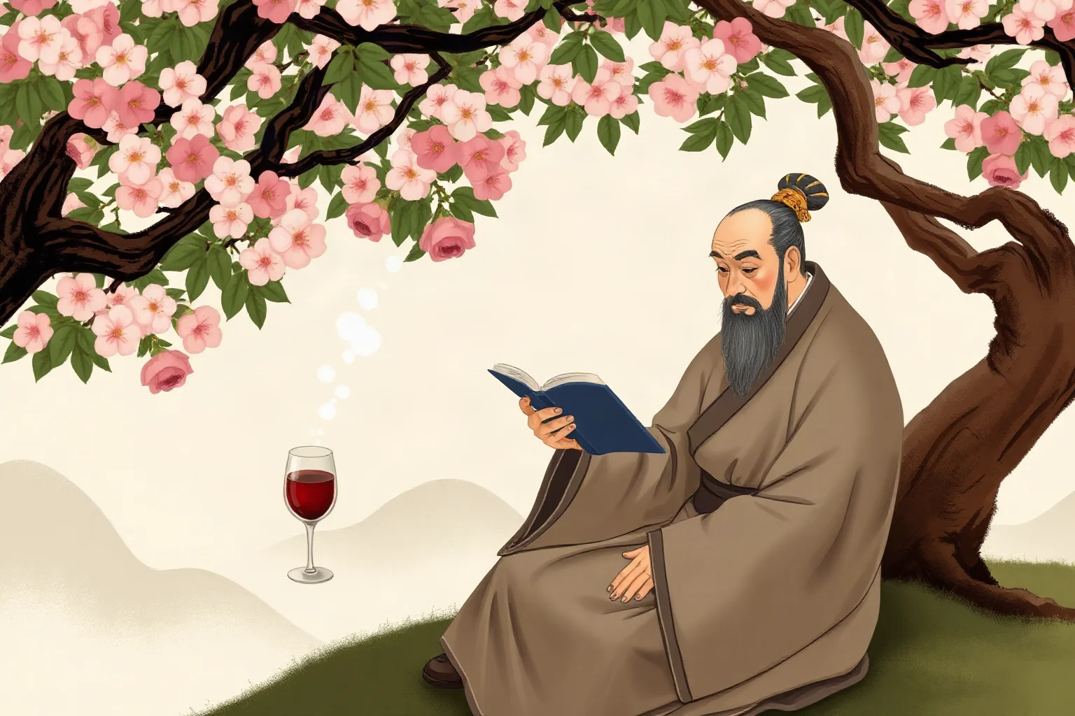 A robed poet in Tang Dynasty China composing verse beneath a blossoming tree with a cup of wine nearby, illustrative style