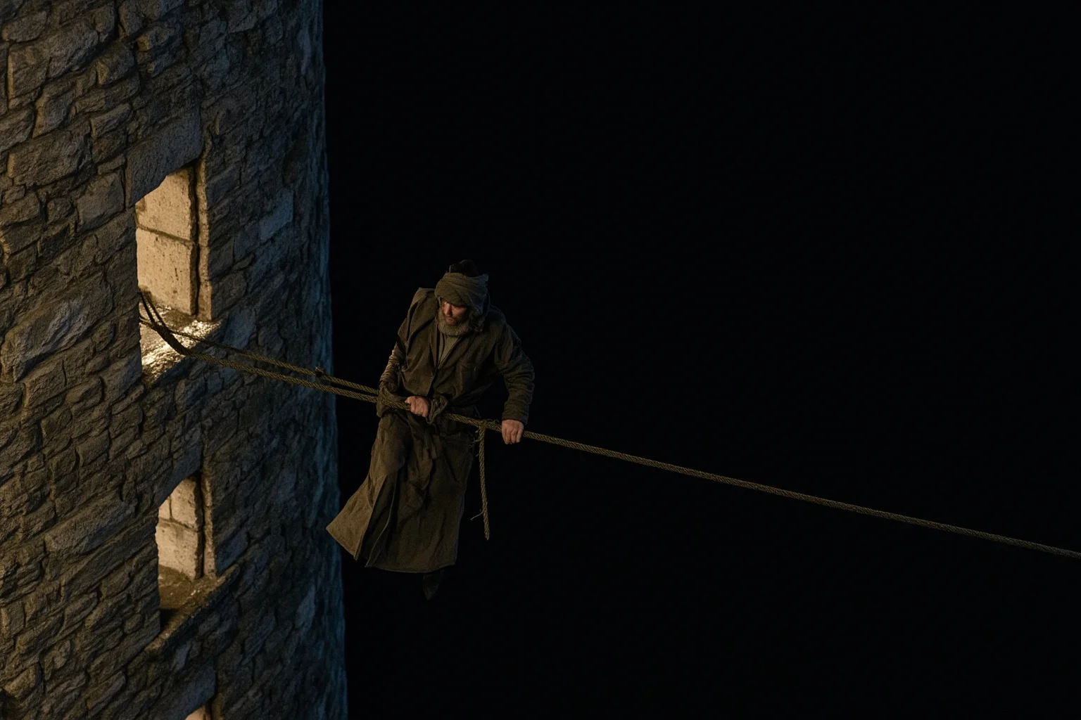 The Most Daring Prison Escapes in History 7 A robed priest quietly climbing down a rope over a moat outside a stone tower at night