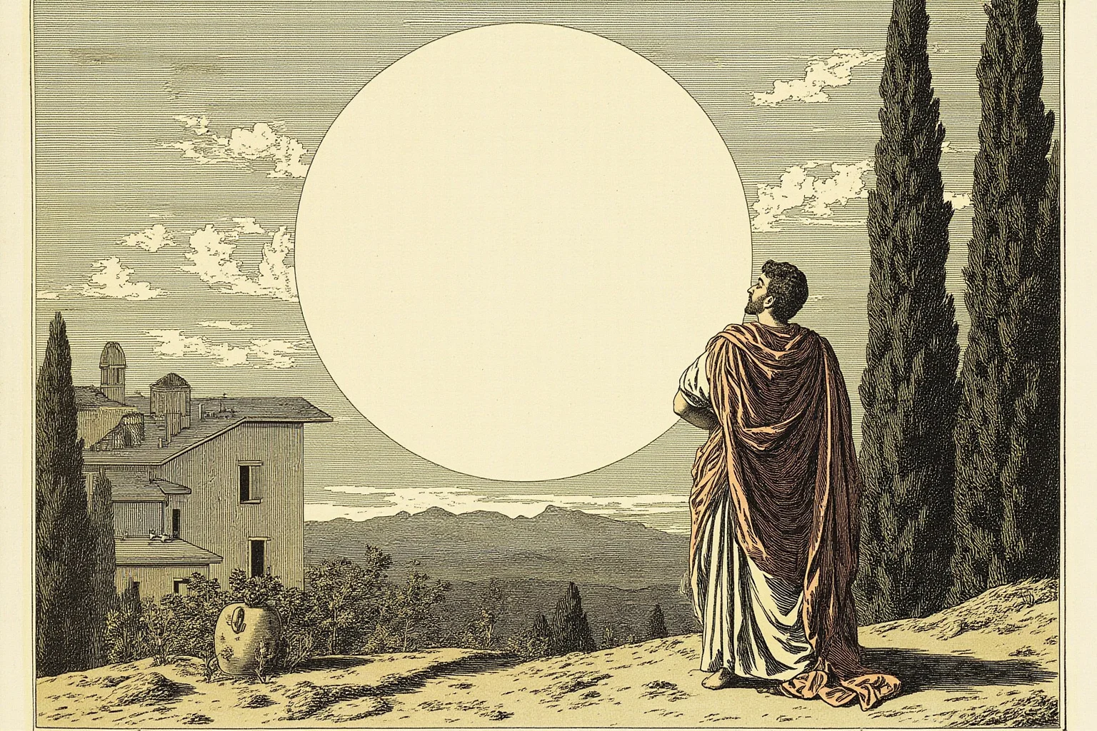 Why The Year 536 May Have Been The Worst Year In History 6 A robed Roman-era statesman looking up at a pale, weak sun over an Italian villa, historical illustration
