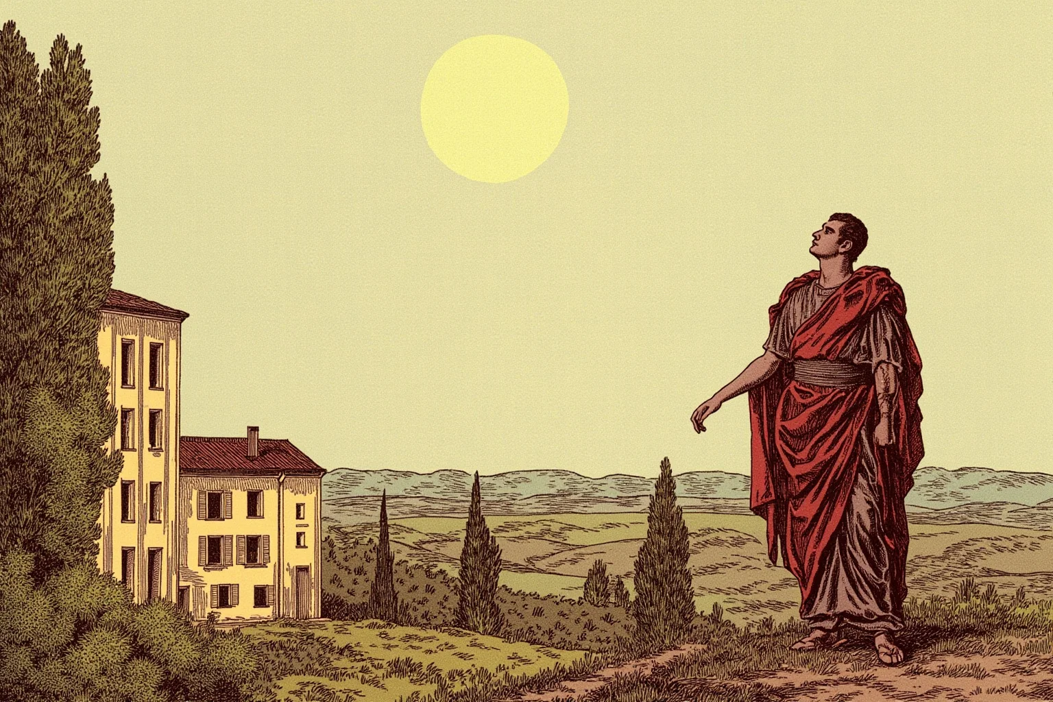 Why The Year 536 May Have Been The Worst Year In History 9 A robed Roman-era statesman looking up at a pale, weak sun over an Italian villa, historical illustration