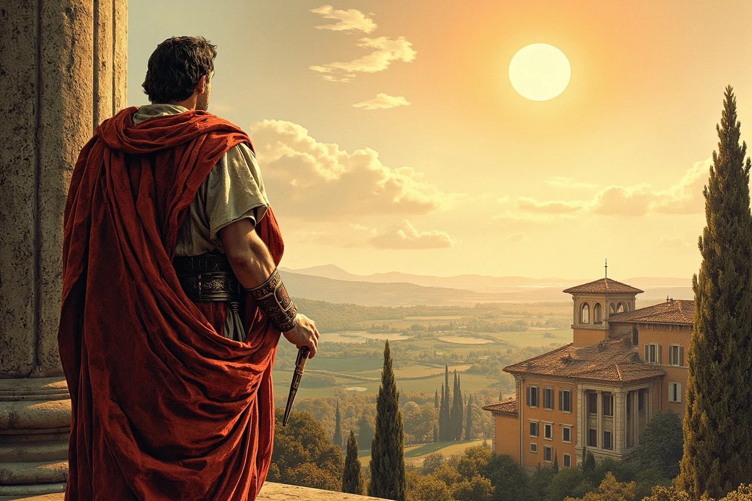 Why The Year 536 May Have Been The Worst Year In History 10 A robed Roman-era statesman looking up at a pale, weak sun over an Italian villa, historical illustration
