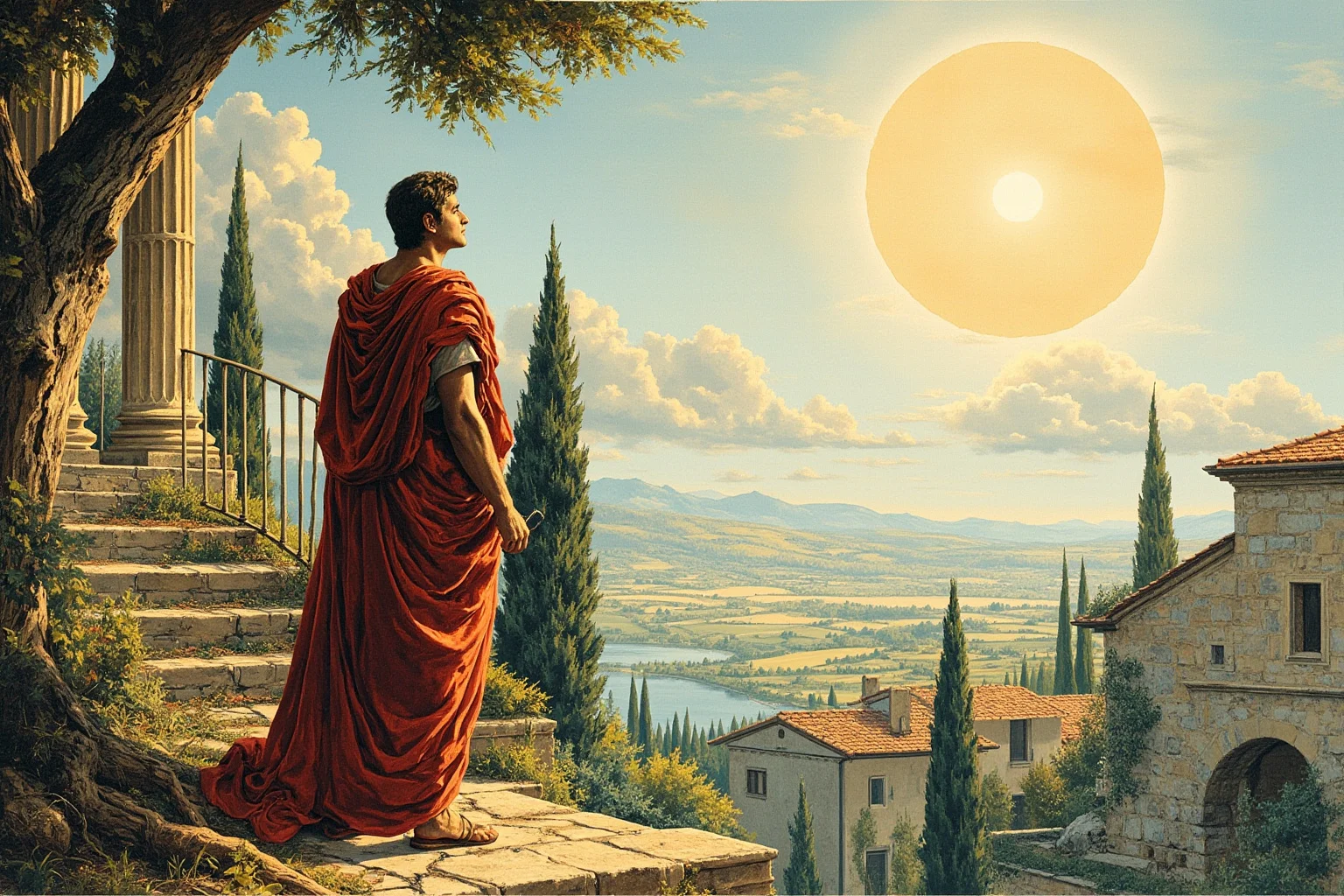 Why The Year 536 May Have Been The Worst Year In History 4 A robed Roman-era statesman looking up at a pale, weak sun over an Italian villa, historical illustration