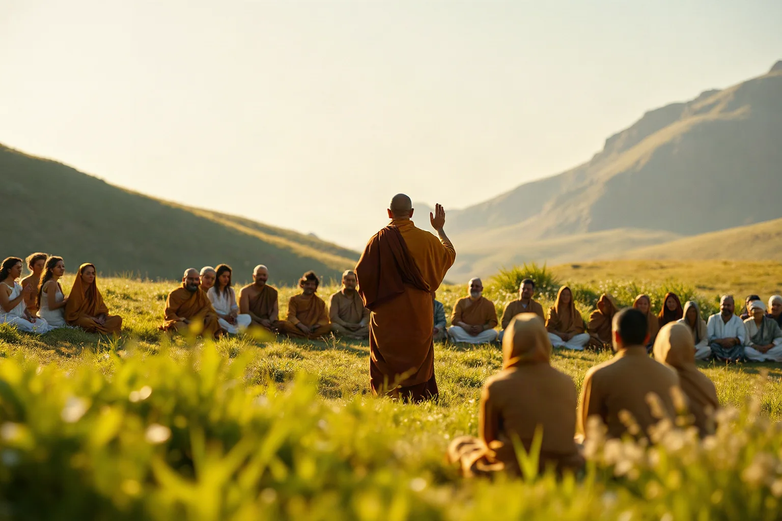 A robed teacher addressing a seated crowd on a green hillside under soft daylight, ancient Middle Eastern setting