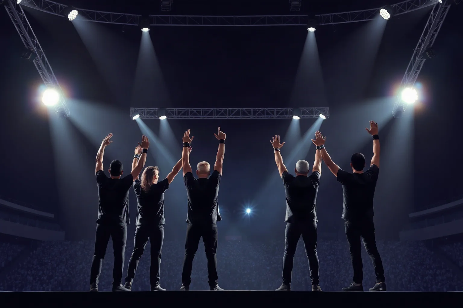 A rock band performing triumphantly on a giant stadium stage under bright spotlights, arms raised, dramatic concert illustration style